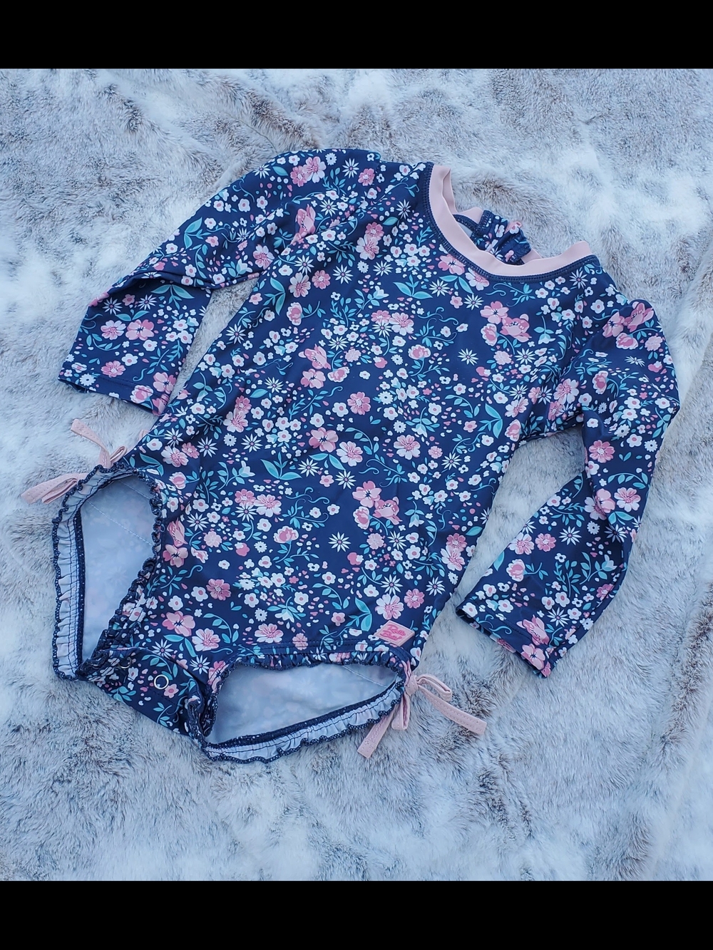 2T Ruffle Butts Navy Floral One-Piece Swimsuit with Pink Trim